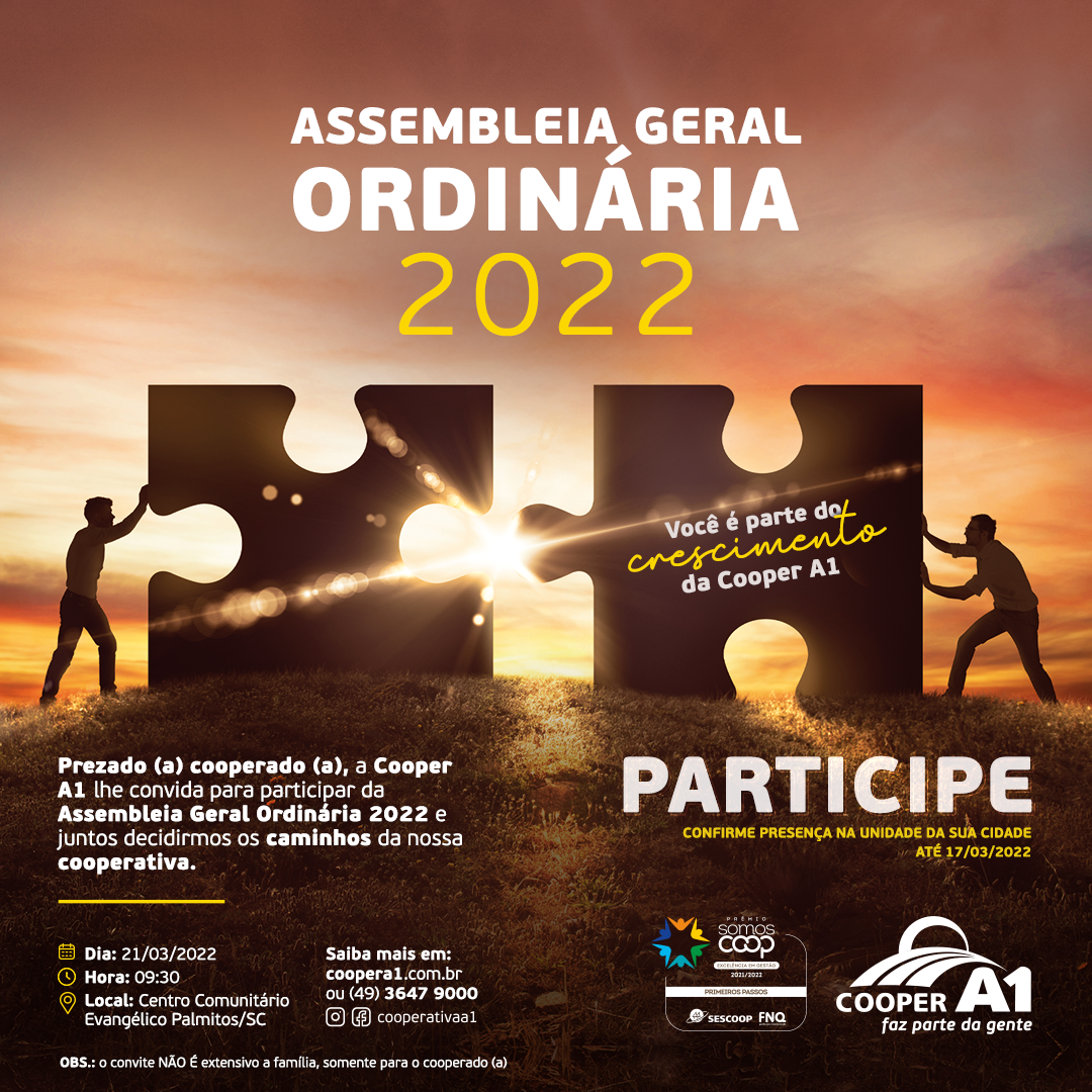 AGO COOPER A1: Assembleia Geral Ordinária será na próxima segunda-feira, dia 21/03